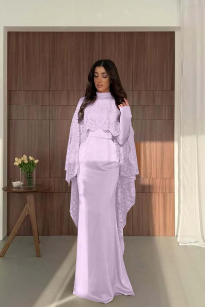 Satin And Lace High Neck Long Sleeves High-Waisted Long Mermaid Prom Dress With Cape