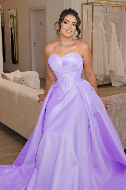 Satin Sweetheart Strapless Sleeveless Long Pleated Mermaid Prom Dress With Corset