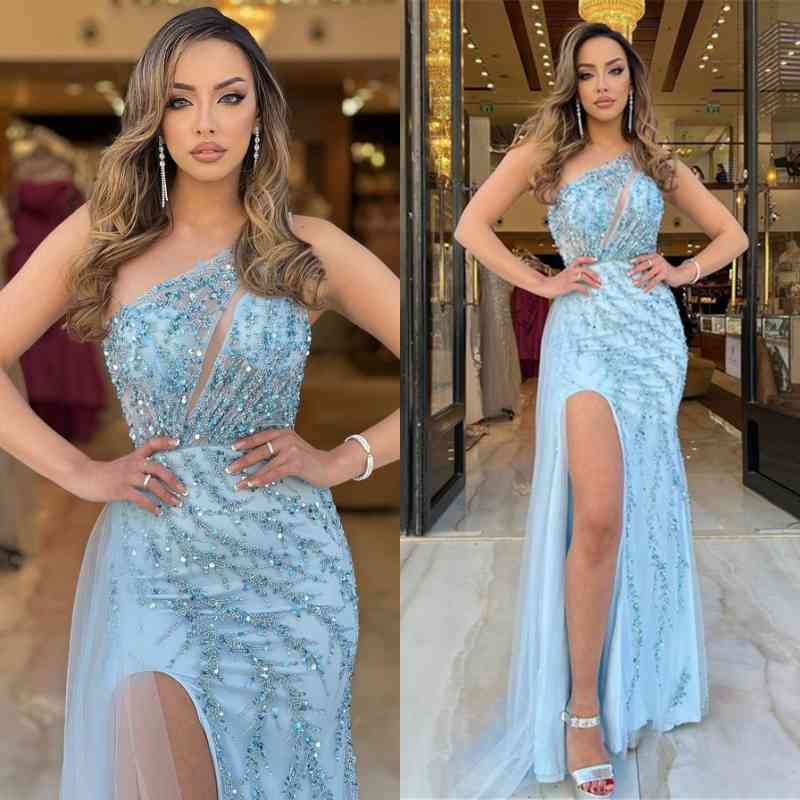 Evening Dress Blue One Shoulder  With High Slit Sequins Sleeveless
