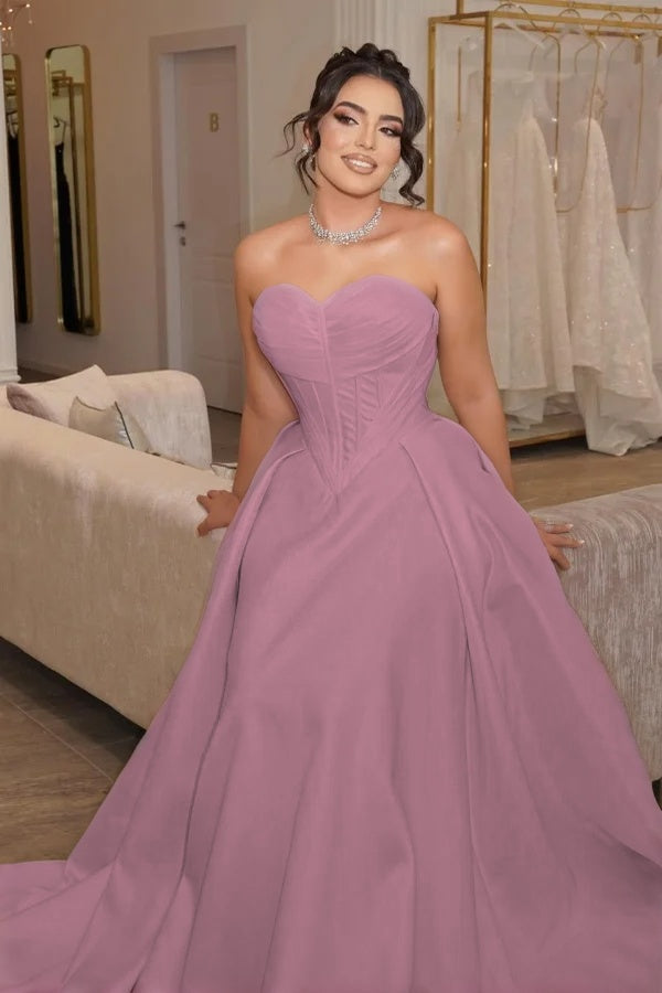 Satin Sweetheart Strapless Sleeveless Long Pleated Mermaid Prom Dress With Corset