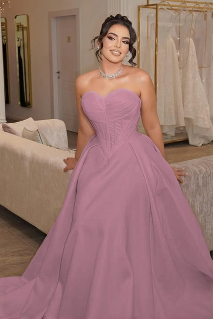 Satin Sweetheart Strapless Sleeveless Long Pleated Mermaid Prom Dress With Corset