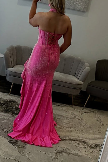 Mermaid Halter Fuchsia Beaded Long Prom Dresses with Ruffle Slit