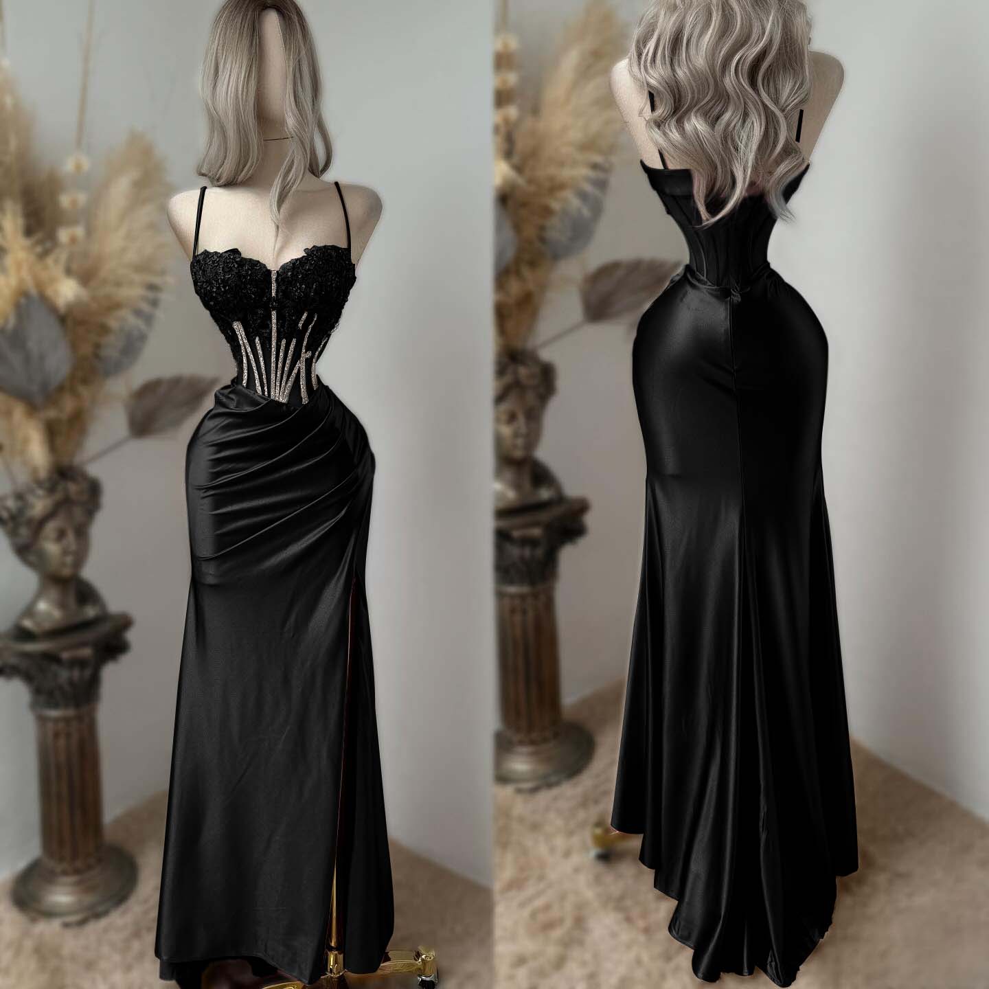 Sweetheart Spaghetti Straps Sleeveless Long Pleated Mermaid Prom Dress With Split And Rhinstone