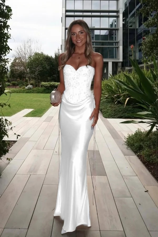 Satin V-Neck Strapless Sleeveless Long Mermaid Prom Dress With Ruffles And Sequins