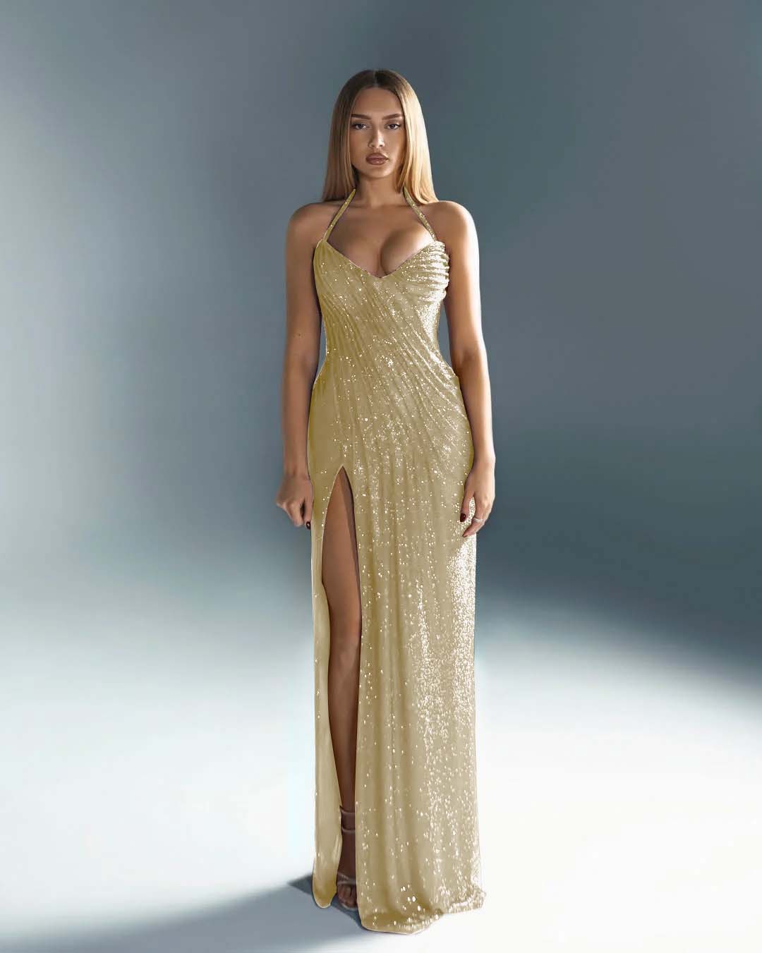 Halter V-Neck Strapless Sleeveless Long Mermaid Prom Dress With Split And Pleated