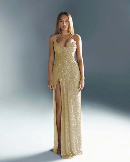 Halter V-Neck Strapless Sleeveless Long Mermaid Prom Dress With Split And Pleated