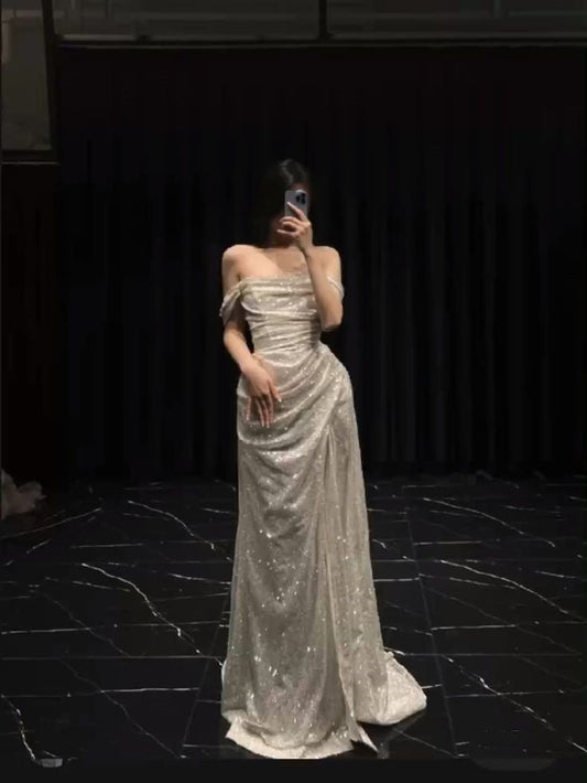 Unique A Line Off The Shoulder White Sequin With Slit Prom Dresses Formal Gown Inspo Evening Outfits AB1410