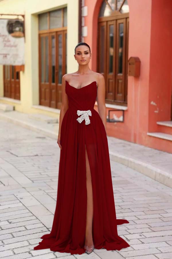 Strapless Sleeveless Long Split Prom Dress With Pleated Beading