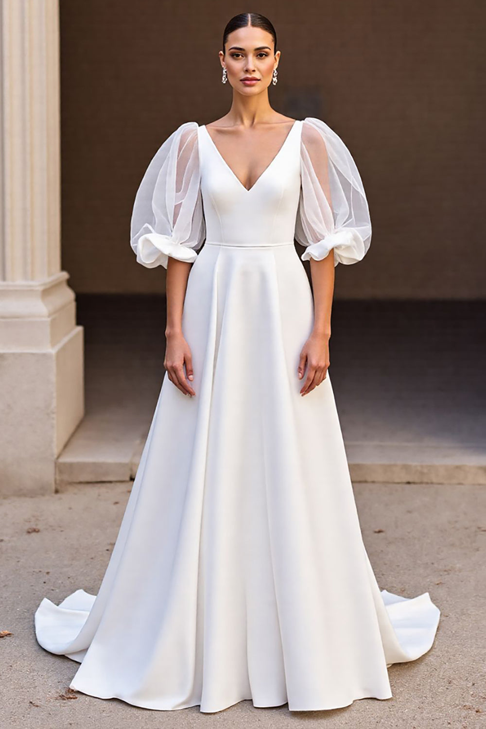 Bubble Sleeves V-Neck Satin Wedding Dress Open Back Long On Sale