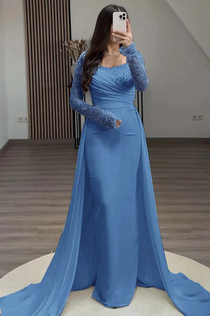 Square Neck Long Sleeves High Waist Long Pleated Mermaid Prom Dress With Beadings And Ruffles