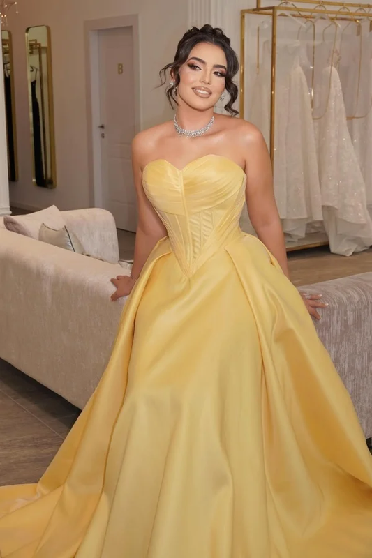 Satin Sweetheart Strapless Sleeveless Long Pleated Mermaid Prom Dress With Corset