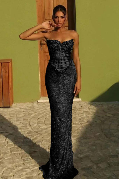 Sleeveless Strapless Long Mermaid Prom Dress With Sequin Pleated