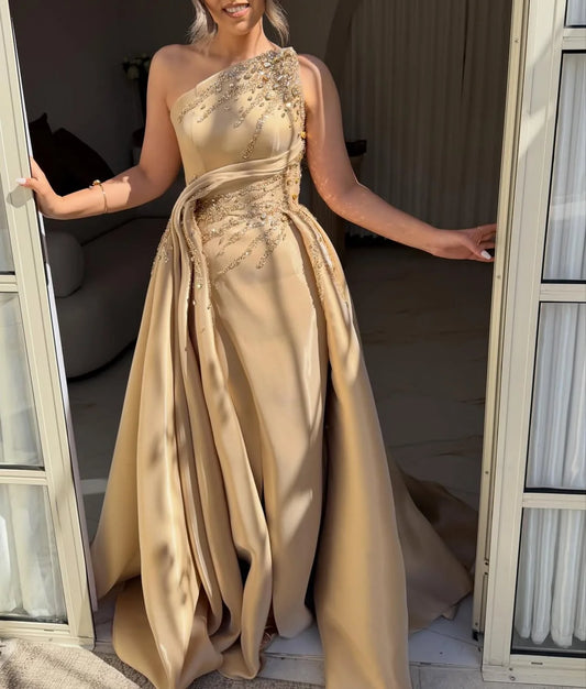 Radiant Gold Straight Across Sleeveless Rhinestone Pleated Prom Dress YK0692