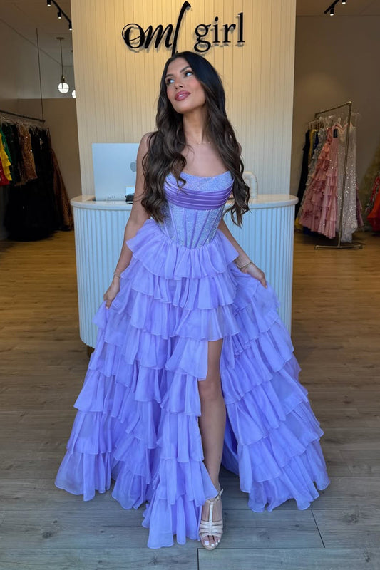 A Line Scoop Neck Lavender Chiffon Tiered Prom Dress with Slit