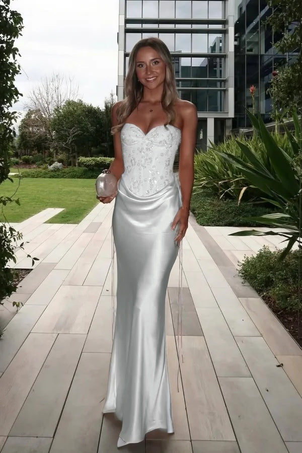 Satin V-Neck Strapless Sleeveless Long Mermaid Prom Dress With Ruffles And Sequins