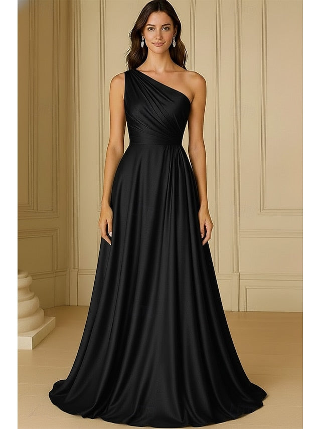 One Shoulder Sleeveless A-Line Floor-Length Formal Evening Dress