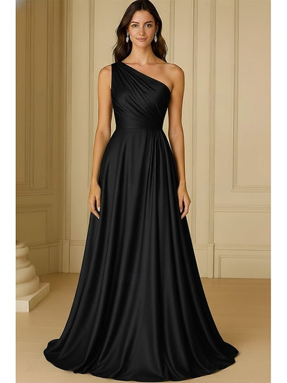 One Shoulder Sleeveless A-Line Floor-Length Formal Evening Dress