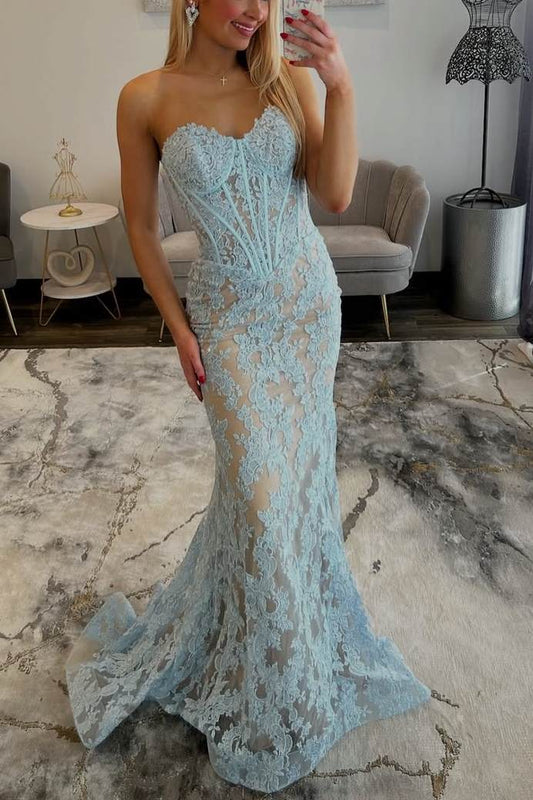 Mermaid Sweetheart Sky Blue Lace Applqiues Long Prom Prom Dress