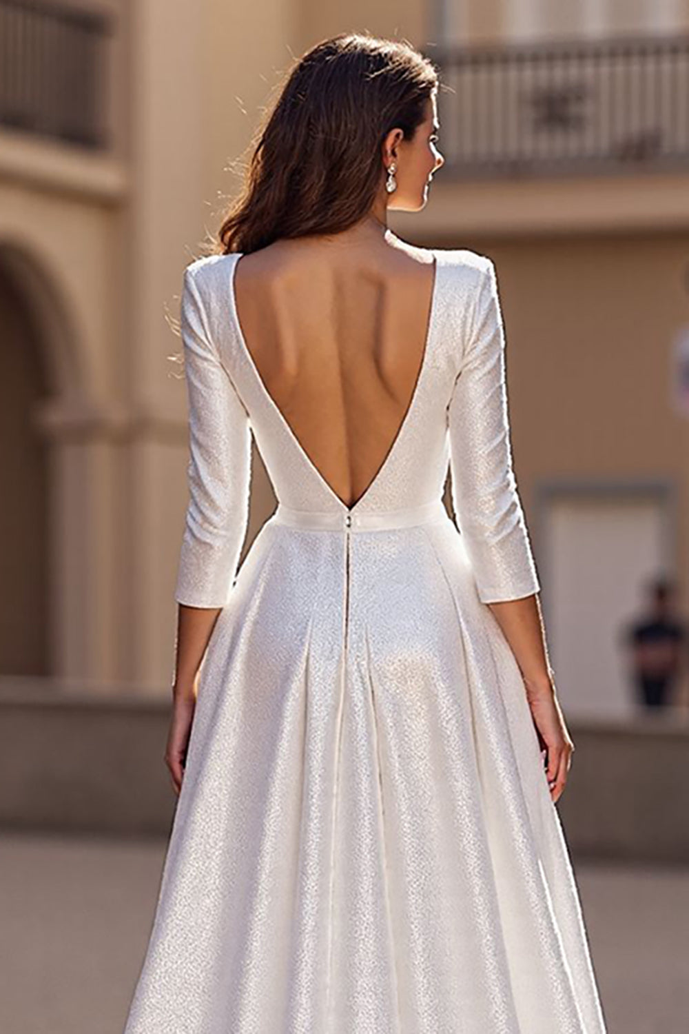 Deep V-Neck 3/4 Sleeves A-Line Wedding Gowns Open Back With Zipper
