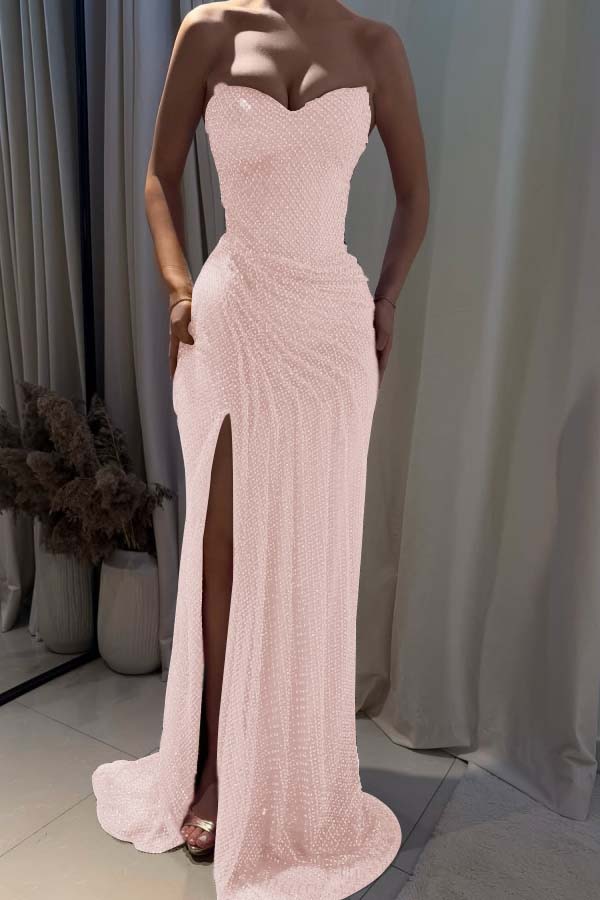 Strapless Sleeveless Mermaid Long Prom Dress With Split Pleated