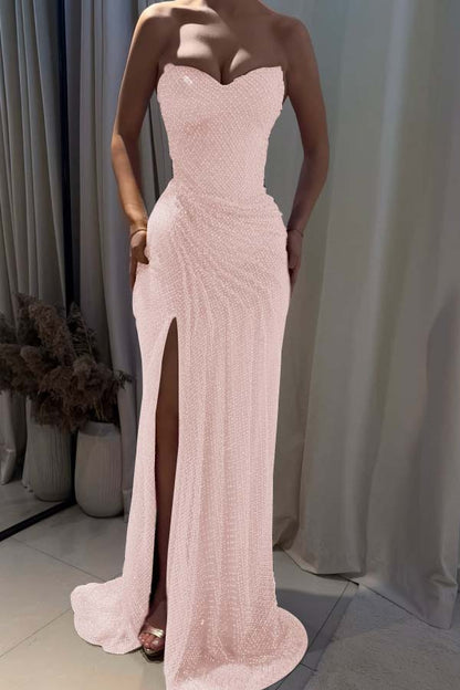 Strapless Sleeveless Mermaid Long Prom Dress With Split Pleated