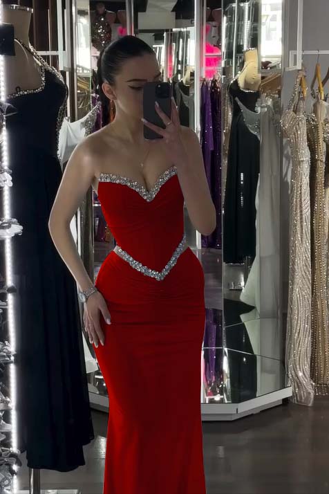 Spandex V-Neck Strapless Sleeveless Long Mermaid Prom Dress With Pleated And Rhinstone