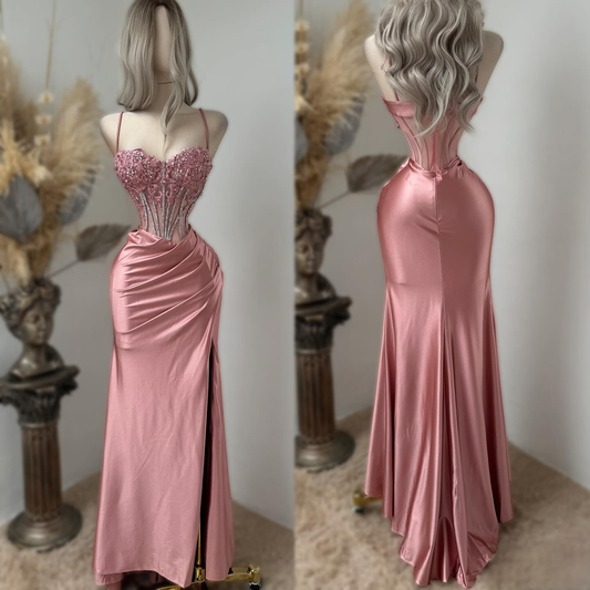 Sweetheart Spaghetti Straps Sleeveless Long Pleated Mermaid Prom Dress With Split And Rhinstone