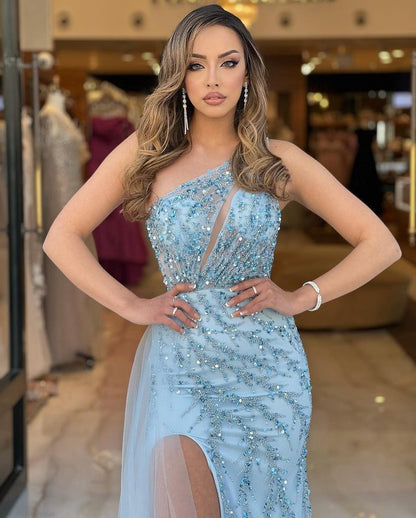 Gorgeous Baby Blue One Shoulder Long Mermaid Split Prom Dress with Beadings