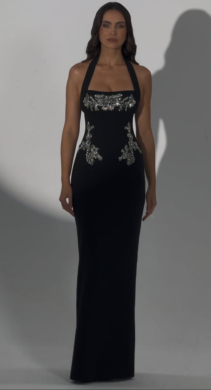 Black Halter Sleeveless Sparkle Applique Mermaid Evening Dress