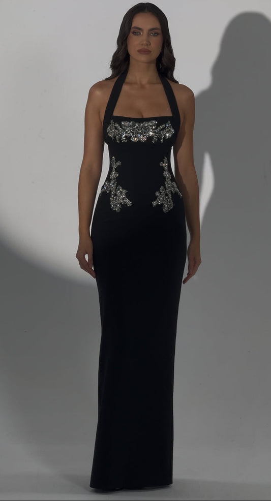 Black Halter Sleeveless Sparkle Applique Mermaid Evening Dress