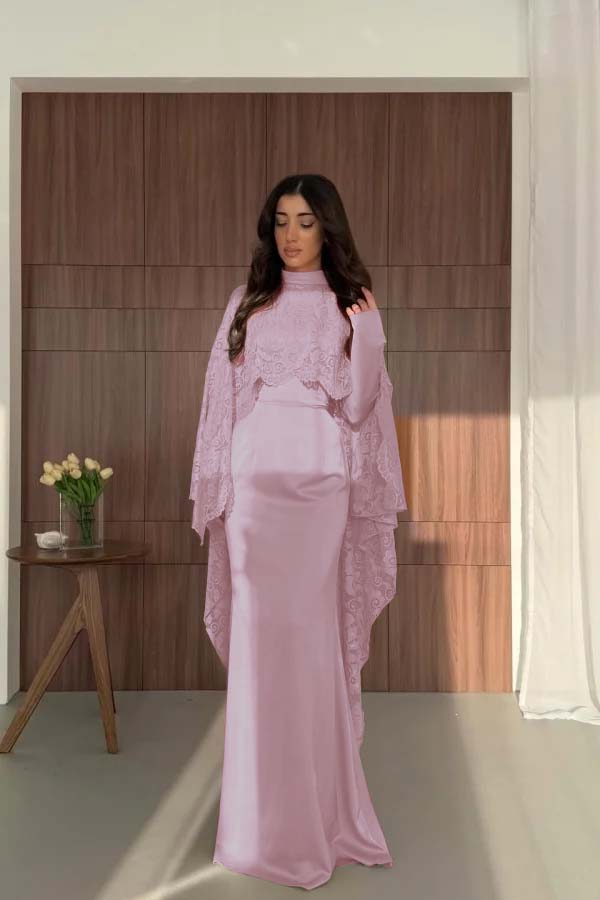Satin And Lace High Neck Long Sleeves High-Waisted Long Mermaid Prom Dress With Cape