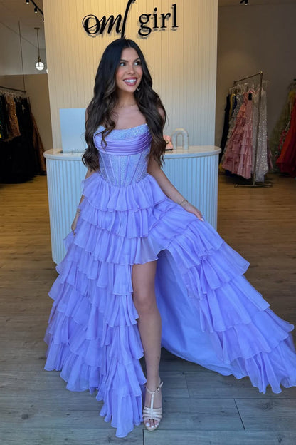 A Line Scoop Neck Lavender Chiffon Tiered Prom Dress with Slit