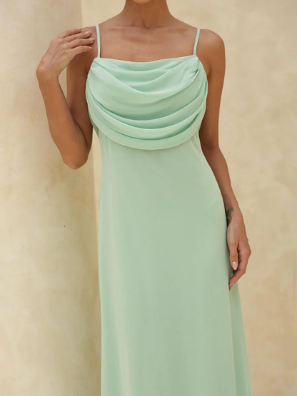 Sage Spaghetti Straps Square Prom Dress Backless with Pleated