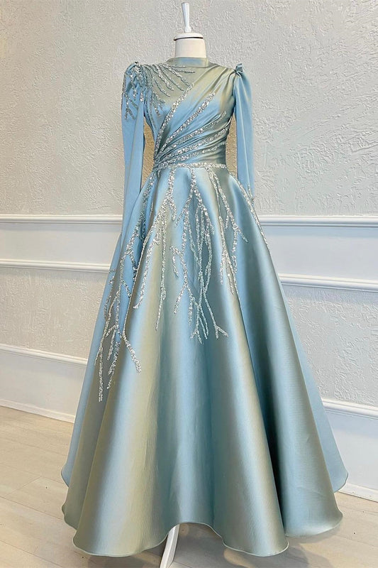 High Collar Long Sleeves A Line Beads Prom Dress With Pleated Appliques