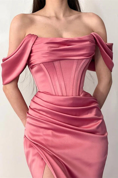 Dusty Rose Off-The-Shoulder Sleeveless Pleated Mermaid Evening Dress with Split