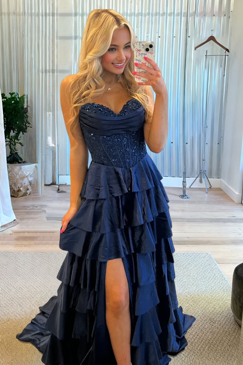 Red - Sweetheart A Line Satin Appliqued Prom Dresses With Ruffles