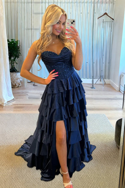 Red - Sweetheart A Line Satin Appliqued Prom Dresses With Ruffles