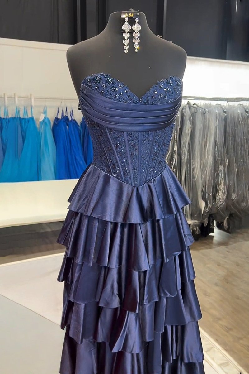 Red - Sweetheart A Line Satin Appliqued Prom Dresses With Ruffles