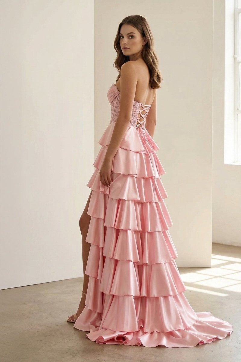 Red - Sweetheart A Line Satin Appliqued Prom Dresses With Ruffles