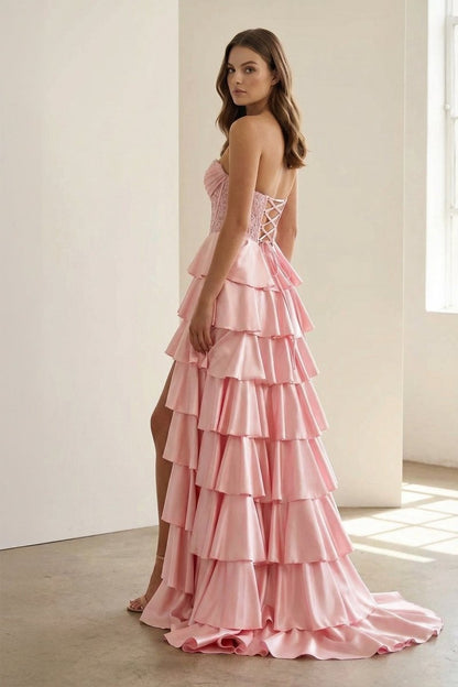 Red - Sweetheart A Line Satin Appliqued Prom Dresses With Ruffles