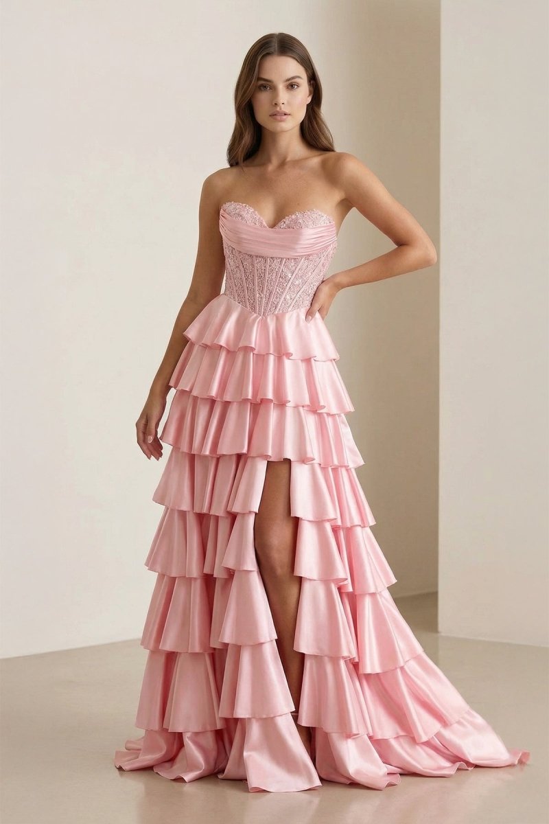 Red - Sweetheart A Line Satin Appliqued Prom Dresses With Ruffles