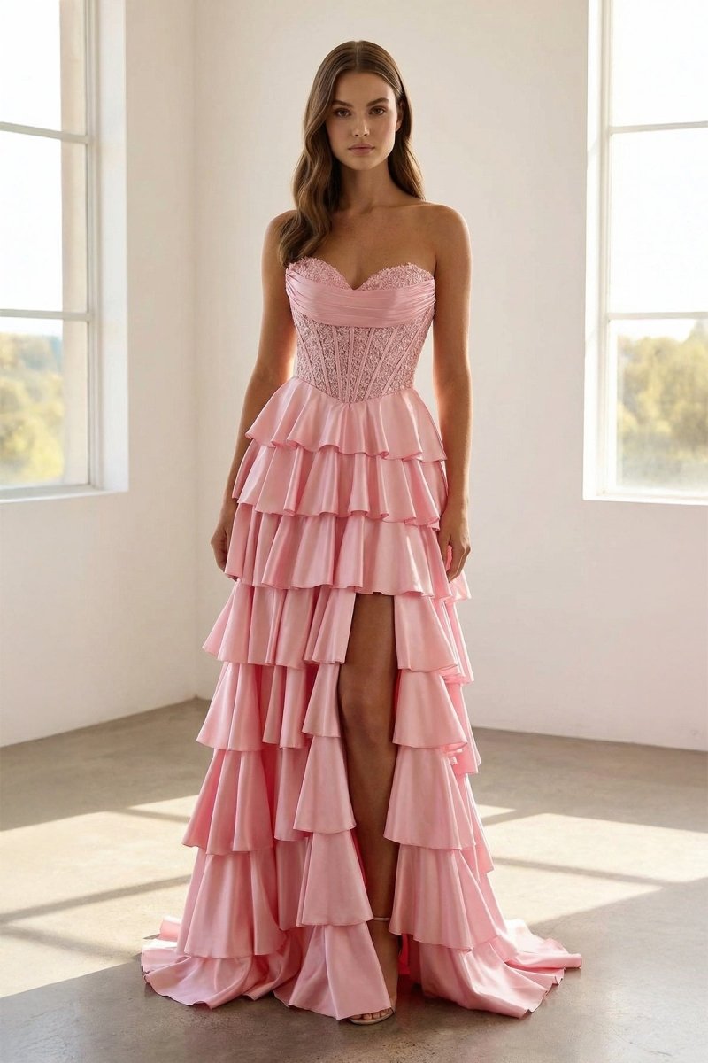 Red - Sweetheart A Line Satin Appliqued Prom Dresses With Ruffles