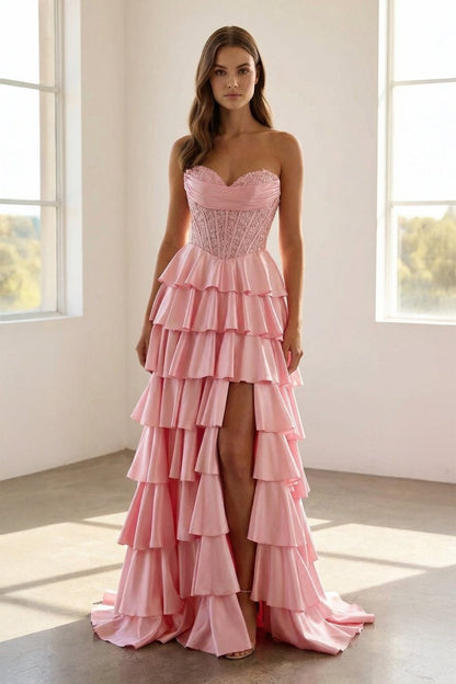 Red - Sweetheart A Line Satin Appliqued Prom Dresses With Ruffles