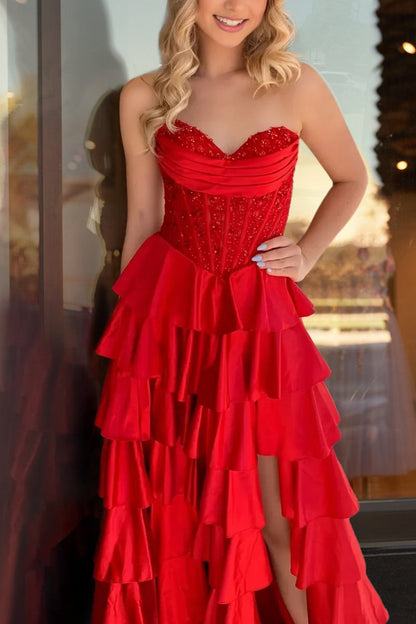 Red - Sweetheart A Line Satin Appliqued Prom Dresses With Ruffles