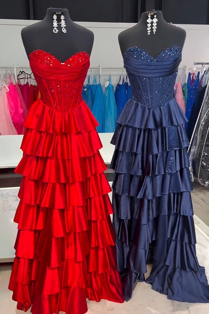 Red - Sweetheart A Line Satin Appliqued Prom Dresses With Ruffles