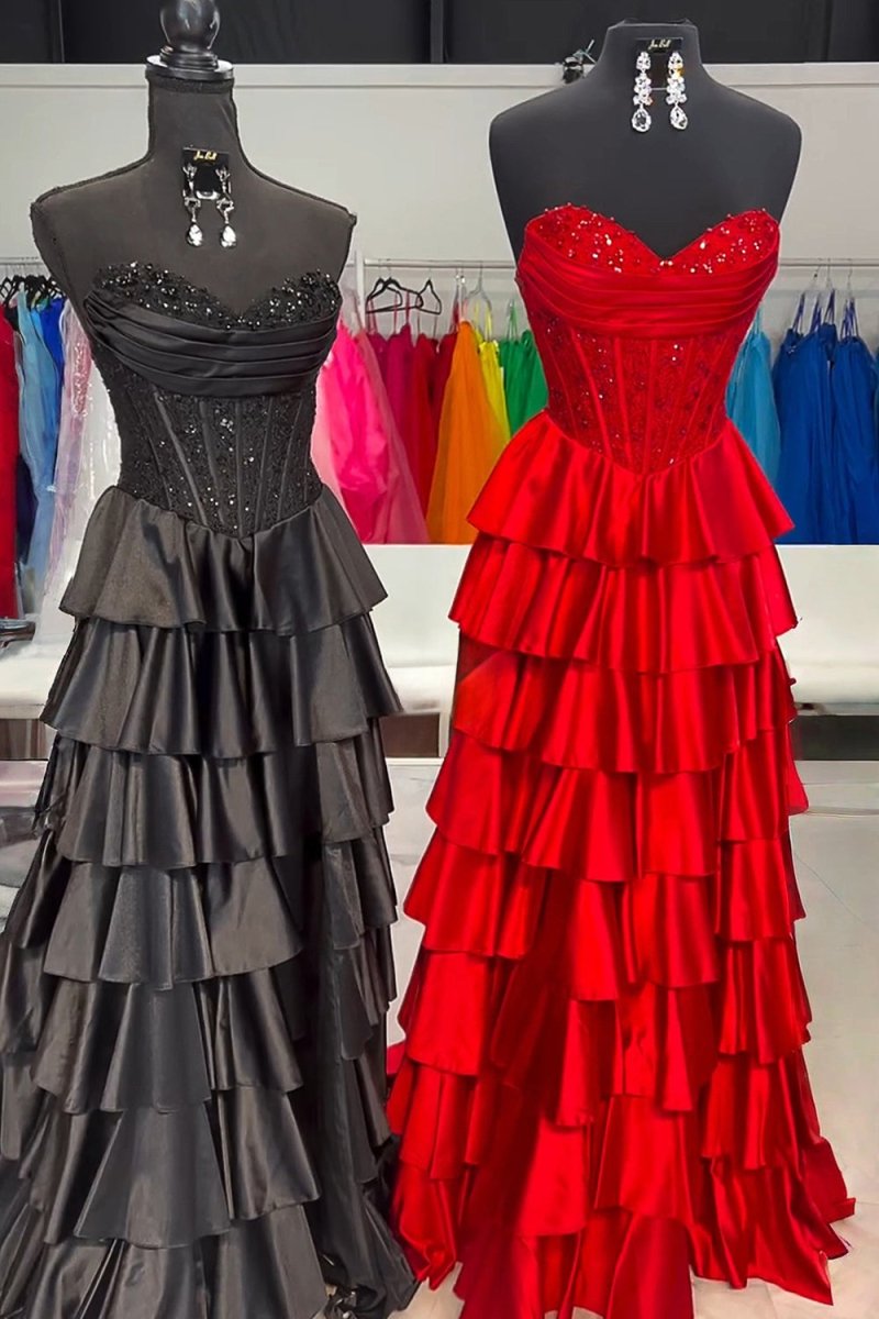 Red - Sweetheart A Line Satin Appliqued Prom Dresses With Ruffles