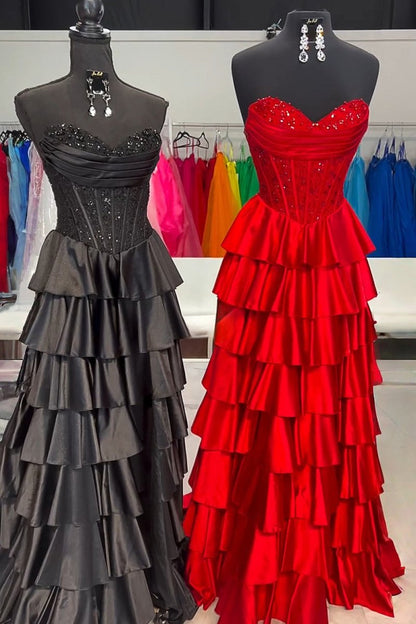 Red - Sweetheart A Line Satin Appliqued Prom Dresses With Ruffles