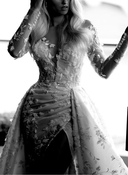 Elegant Lace Long Sleeve Wedding Dress Slit