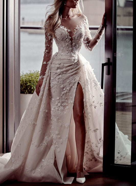 Elegant Lace Long Sleeve Wedding Dress Slit