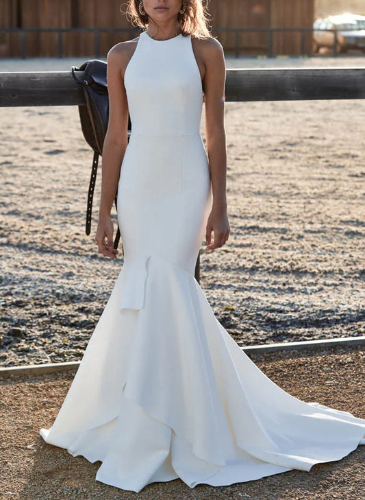 Elegant Mermaid Fitted Back Hole Wedding Dresses in Elastic Satin